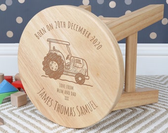 Boys Personalised Tractor Design Wooden Kids Stool | Toddler Stools | Christening Gift | Newborn Baby Boy Gift | Nursery Playroom Furniture
