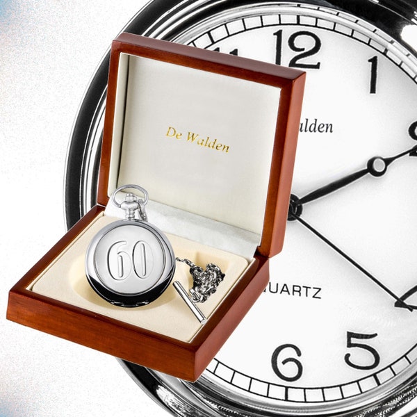 60th Birthday Engraved Men's Pocket Watch with 60 Feature Case Front in Luxury Wooden Box Sixtieth 60 Gift Ideas for Men Boys Dad etc