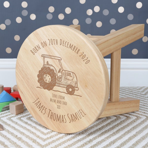 Boys Personalised Tractor Design Wooden Kids Stool | Toddler Stools | Christening Gift | Newborn Baby Boy Gift | Nursery Playroom Furniture