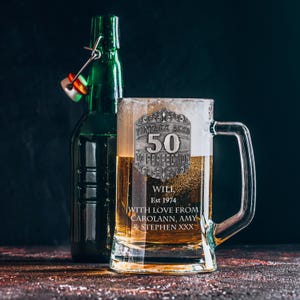 Men's 50th Birthday Beer Mug Glass Tankard with Handmade Pewter Metal Vintage Feature Personalised Engraved Fiftieth Gift Ideas for a Man