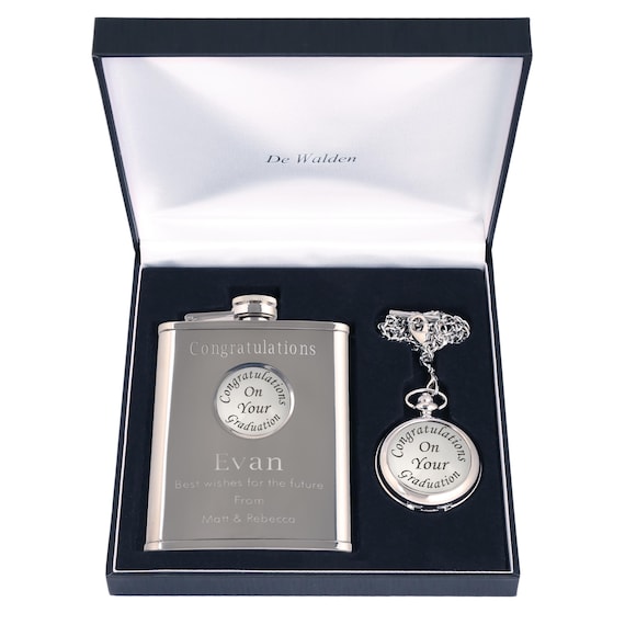 Engraved Men's Graduation Pocket Watch and Hip Flask Gift Set in a Quality Box, University Graduation Student Gifts For Him Son Dad Friend
