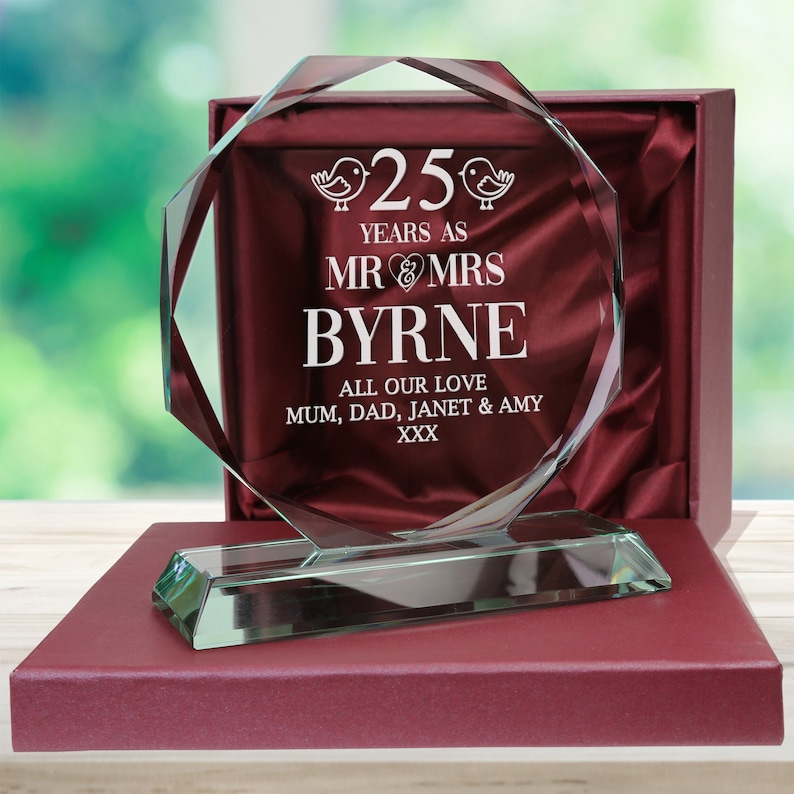 a Handmade Engraved Couple's Surname, short personal message cut glass frame in Satin Lined Box is perfect for 25th anniversary gift