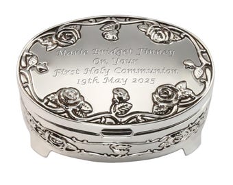 Girl's First Holy Communion Gift Silver Plated Rose Trinket Box