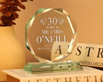 Engraved 30th Pearl Wedding Anniversary Present, Personalised Cut Glass Gift, 30 Years Married Couple Gifts Mum Dad Grandma Grandad Nan Gran