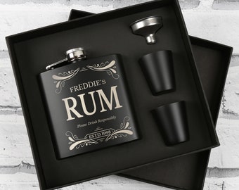 Personalised Engraved Rum Hip Flask Gift with Funnel Set Personalized Men's Birthday Christmas Son Brother Dad Grandad Grandson Gifts Idea