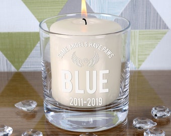 Engraved Pet Cat or Dog Memorial Wings Gift Candle Holder Personalised Kitten Puppy Memory Gifts with 17hr Pillar Candle included