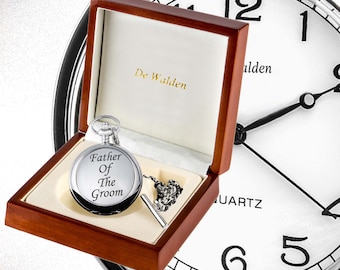 Engraved Father Of The Groom Feature Case Front Quality Pocket Watch in a Luxury Wooden Box Wedding Gift Idea for Father Of The Groom