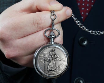 Boy’s Personalised Baptism Gift, Pocket Watch with St Christopher Pewter Feature, Personalized Christening Gifts for Godson Grandson Son