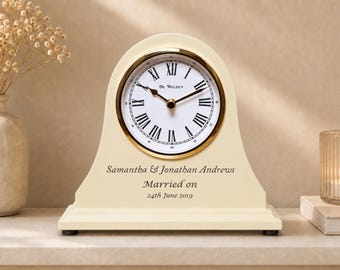 Bride and Groom Wedding Day Gift Personalized Engraved Wooden Cream Mantel Clock Marriage Newly Wed Personalised Mr & Mrs Gifts Idea