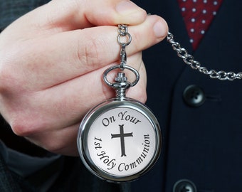 Boys First Holy Communion Engraved Pocket Watch Cross Feature Case Front in Gift Box Boy's 1st Communion Religious Gifts Ideas Fob Watch