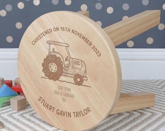 Boys or Girls Personalised Tractor Design Wooden Kids Stool Toddler Stools Christening Baptism Gift Newborn Baby Boy Girl Nursery Playroom