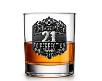 21st Birthday Gift Idea For Men or Women Whisky & Spirits Glass with Handmade Vintage Pewter Feature Twenty One Engraved Whiskey Rum Tumbler