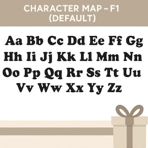 May include: A character map in a bold, sans-serif font, displaying the alphabet from Aa to Zz. The text "CHARACTER MAP - F1 (DEFAULT)" is at the top. A gift box with a bow is in the lower right corner.