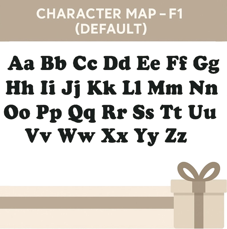 May include: A character map in a bold, sans-serif font, displaying the alphabet from Aa to Zz. The text "CHARACTER MAP - F1 (DEFAULT)" is at the top. A gift box with a bow is in the lower right corner.