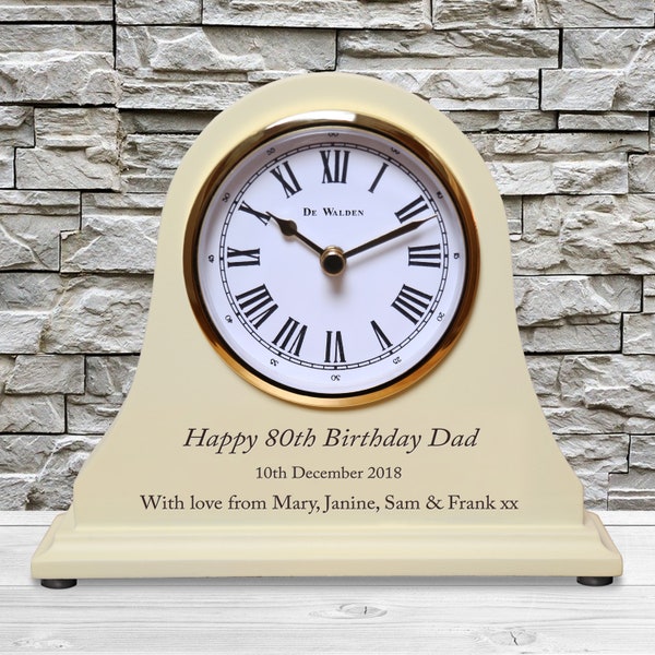 Men's or Women's 80th Birthday Gift Personalized Engraved Wooden Beige Mantel Clock 80 Years Gift Ideas for Mum Dad Nan Grandad Mom Gran etc