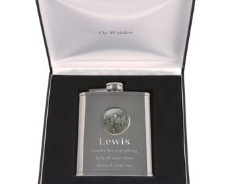 Engraved Sport Feature Men's Hip Flask Gift in a Quality Box, Boy's Birthday Retirement Gifts For Him Football Rugby Horse Racing Golf Bowls
