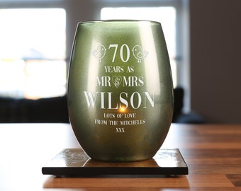 Engraved 70th Wedding Anniversary Tea Light Candle Holder Personalised Gift Idea Personalized for Him & Her with 8hr burn Tealight included