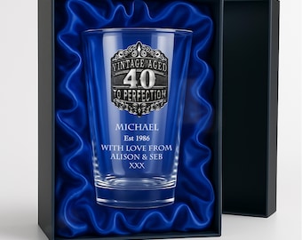 40th Birthday Gift For Men Beer Mug Pint Glass with Handmade Pewter Metal Vintage Feature Personalised Engraved Men's 40 Birthday Gift 580ml