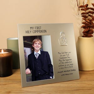 Boy&#39;s Personalised 1st Holy Communion Gift, Engraved First Communion Photo Picture Frame Keepsake Gift, Communion Day Memento for a Boy