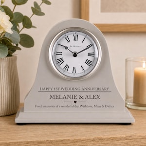 1st Wedding Anniversary couple gift Personalised Engraved Grey Mantel Clock First Paper Anniversary Gifts Wife Husband Brother Sister etc
