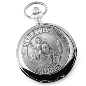 Grandson Christening Pocket Watch Engraved Personalised with St Christopher Pewter Feature in Gift Box Christening Gift Ideas for Grandson image 3