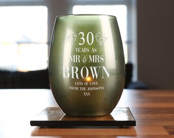 May include: Green glass candle holder with a personalized message that reads "30 Years as Mr & Mrs Brown Lots of Love from the Johnsons XXX".
