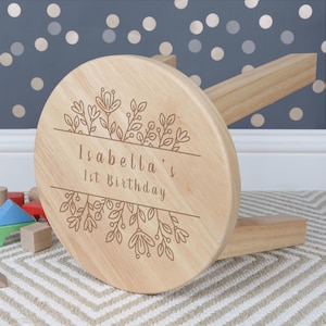 Girls Personalised Floral Design Wooden Stool, 1st 2nd 3rd Birthday Christening Gift Kids Seat Nursery Playroom Chair Daughter Granddaughter