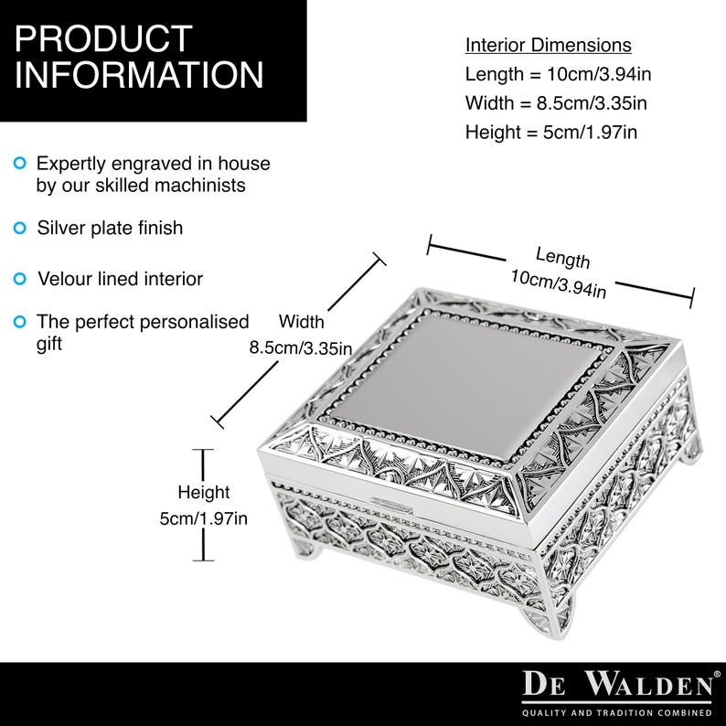 May include: Silver-plated jewelry box with an ornate design. The box has a velvet-lined interior and measures 3.94 inches long, 3.35 inches wide, and 1.97 inches high.  "DE WALDEN QUALITY AND TRADITION COMBINED" is printed on the bottom of the box.