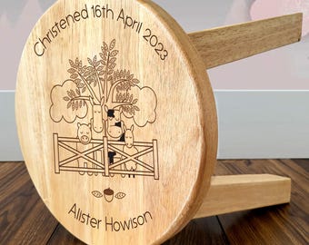 Personalised Kids Wooden Stool Farm Yard Theme For a Boy or Girl Customised with Childs Name, Any Occasion Toddler Christening Baptism etc