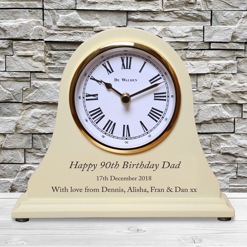 90th Birthday Gift Personalised Engraved Wooden Beige Mantel Clock 90 Years Gift Ideas for Nan Mom Grandad Mum Dad Grandma Nanny etc 