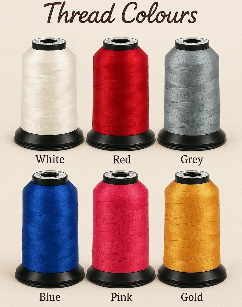 May include: An image of six spools of thread in various colors: white, red, grey, blue, pink, and gold. Each spool is labeled with its color name. The text "Thread Colours" is at the top of the image.