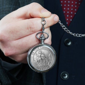 Grandson Christening Pocket Watch Engraved Personalised with St Christopher Pewter Feature in Gift Box Christening Gift Ideas for Grandson image 1