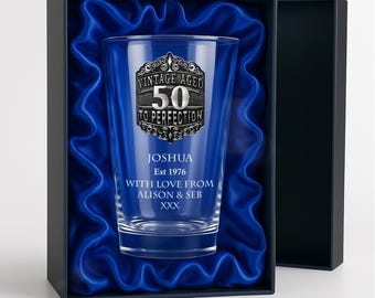 50th Birthday Gift For Men Beer Mug Pint Glass with Handmade Pewter Metal Vintage Feature Personalised Engraved Men's 50 Birthday Gift 580ml