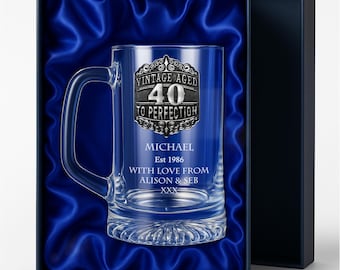 Men's 40th Birthday Beer Mug Glass Tankard with Handmade Pewter Metal Vintage Feature Personalised Engraved 40 Gift Ideas for Men 23oz 680ml