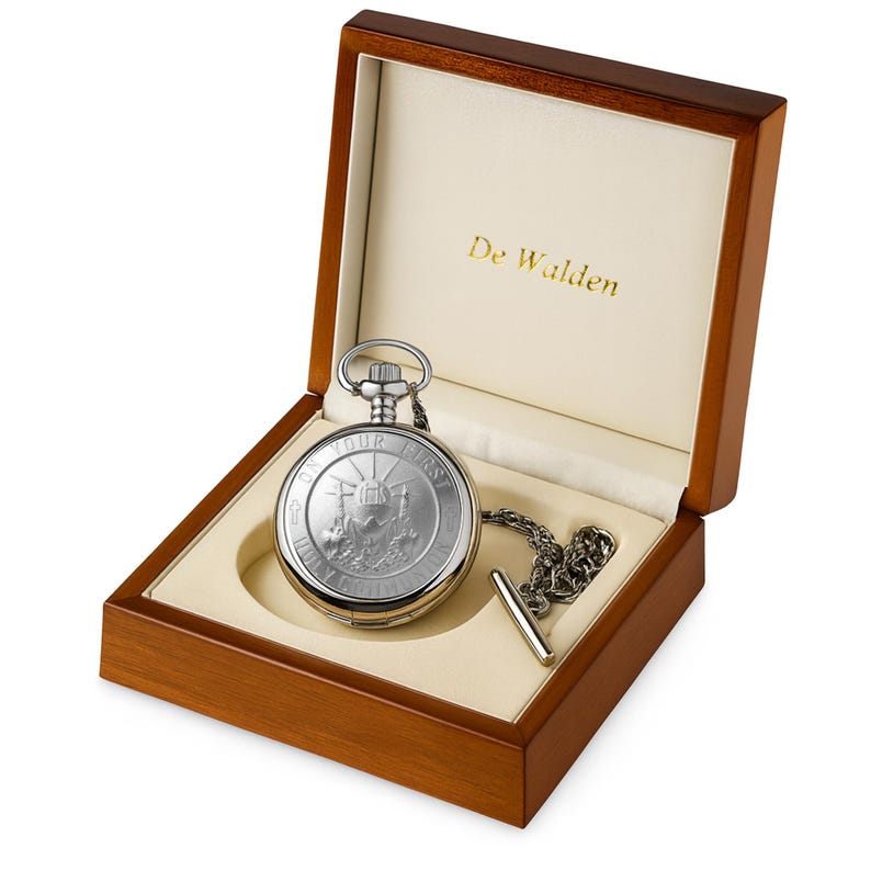 Personalised Boys First Holy Communion Pocket Watch Gift, Catholic 1st Communion Pewter Watch for Son Grandson Godson Luxury Wood Gift Box