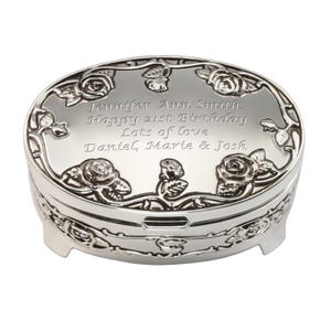 Girls 21st Birthday Gift Silver Plated Rose Trinket Box Personalised Engraved 21 Birthday Idea for a Girl Unique Girls Jewellery Box Gift