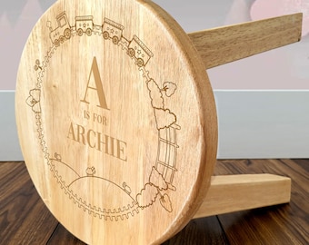 Personalised Engraved Boy Alphabet Wooden Stool | Train Design| Gift for Son | Nephew | Little Brother | Grandson | 1st Birthday | Godson
