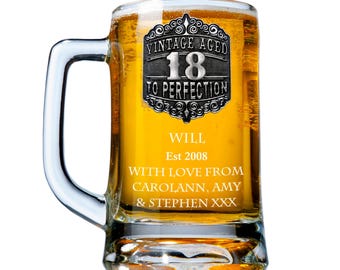 Personalised Birthday Beer Mug Glass Tankard with Pewter Vintage Feature Custom Engraved Ale Lager Glass Milestone Birthday Gift Glassware