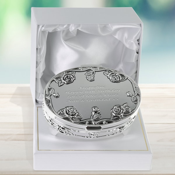Girls 16th Birthday Gift Silver Plated Rose Trinket Box Personalised Engraved Sixteen Girl Birthday Idea in a Satin Lined Presentation Box