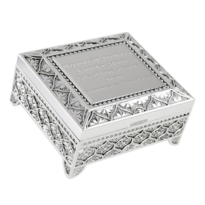 May include: Silver keepsake box with an ornate design and a personalized inscription that reads "Happy 18th Birthday Jennifer Marie Lots of love always From Mummy & Daddy xxx".