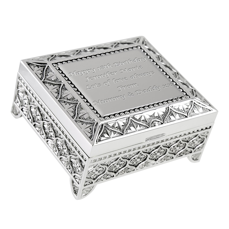 May include: Silver keepsake box with an ornate design and a personalized inscription that reads "Happy 18th Birthday Jennifer Marie Lots of love always From Mummy & Daddy xxx".
