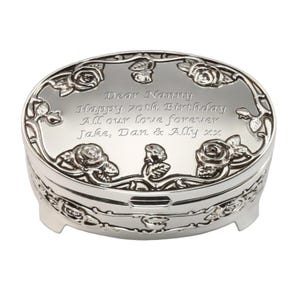 Girls 70th Birthday Gift Silver Plated Rose Trinket Box Personalised Engraved Seventieth Girl Birthday Idea Unique Girls Jewellery Box Gift