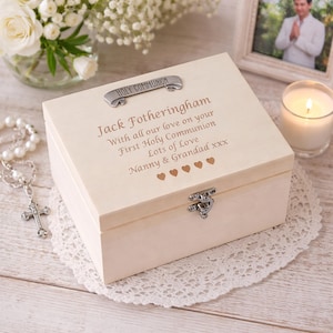 Personalised Pine Keepsake Box, First Holy Communion Gift, Pewter Banner Detail
