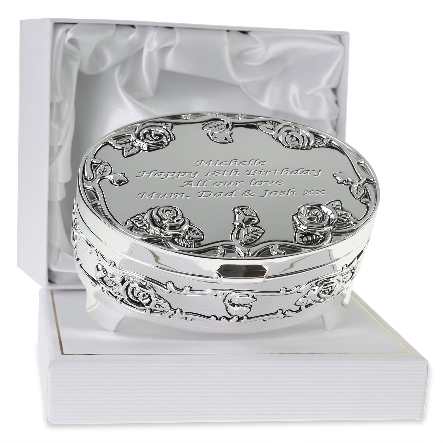 Girls 18th Birthday Gift Silver Plated Rose Trinket Box Personalised Engraved Eighteen Girl Birthday Idea Unique Girls Jewellery Box Gift