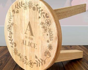 Wooden Kids Stool | Personalised Engraved Girl Alphabet Wooden Stool | 1st Birthday Gift | Daughter | Granddaughter | Niece | Goddaughter