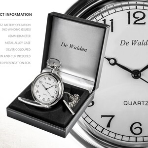 May include: A silver pocket watch with a white face and black hands. The watch is in a black box with a silver inscription that reads "De Walden". The watch has a 350mm Albert chain and clip included. The watch is in a quality branded presentation box.