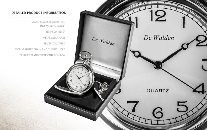 May include: A silver pocket watch with a white face and black hands. The watch is in a black box with a silver inscription that reads "De Walden". The watch has a 350mm Albert chain and clip included. The watch is in a quality branded presentation box.