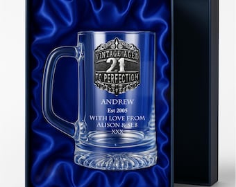 Men's 21st Birthday Beer Mug Glass Tankard with Handmade Pewter Metal Vintage Feature Personalised Engraved 21 Gift Ideas for Men 23oz 680ml
