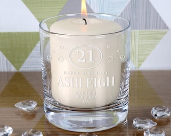 Engraved 21st Birthday Boy or Girl Candle Holder Personalised Gift Idea Personalized for Him & Her with English 35hr Pillar Candle included