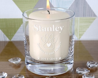 Engraved Pet Cat or Dog Memorial Gift Candle Holder Personalised Kitten Puppy In Memory of Gifts with 17hr Pillar Candle included